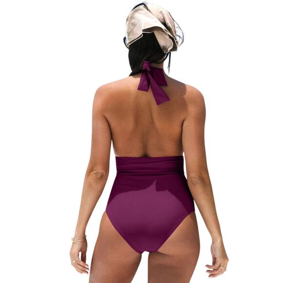 Cupshe Women's Plunge Halter Backless Ruched One Piece Swimsuit Purple Small - Picture 3 of 7